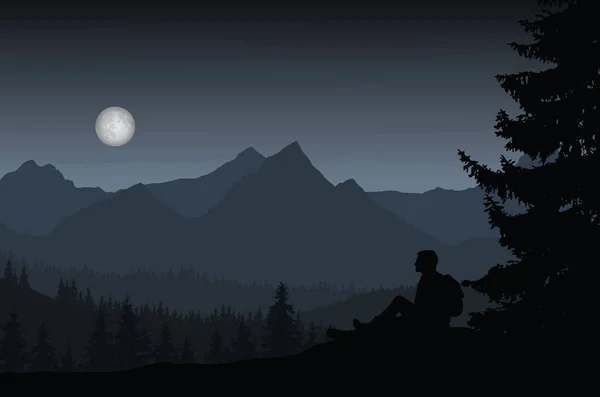 Ilustración vectorial del paisaje montañoso con bosque y hombre sentado bajo el cielo azul-gris nocturno con luna llena y nubes — Vector de stock