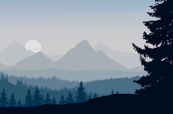 Векторна ілюстрація гірського пейзажу з лісом під ранковим блакитно-сірим небом з висхідним сонцем і хмарами — стоковий вектор