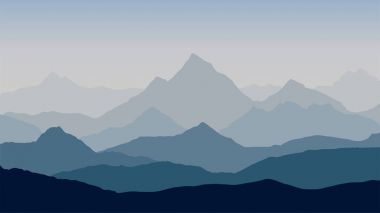 Panoramik dağ manzarası ile sis alpenglow mavi-gri gökyüzü ve yükselen güneş - Vadisi'nde, vektör