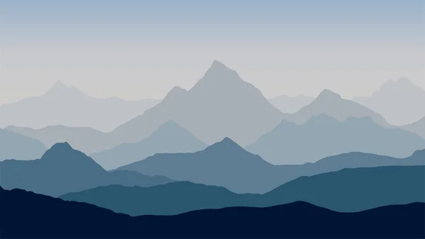 Vista panorámica del paisaje de montaña con niebla en el valle de abajo con el cielo azul-gris alpenglow y sol naciente vector — Vector de stock