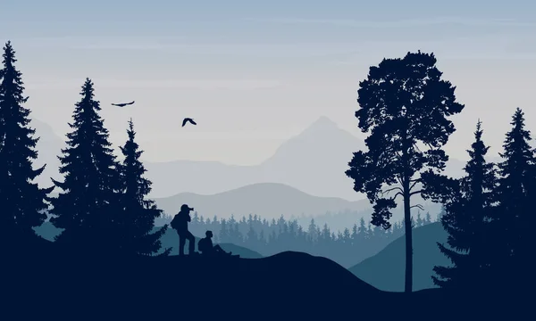 Vektorillustration einer Berglandschaft mit Bäumen und einem Menschen, fotografiert unter einem blaugrauen Himmel mit Wolke und Platz für Text — Stockvektor