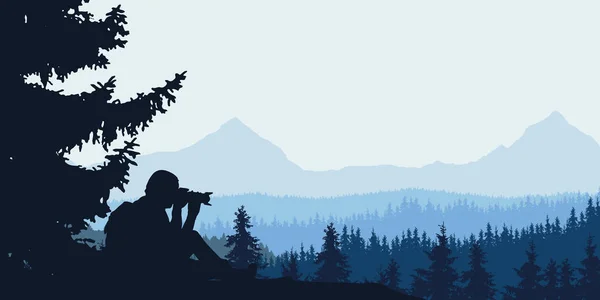 Vista de un hombre tomando un bosque con un paisaje de montaña con lanas en el fondo bajo un cielo nublado de color gris azulado - vector — Vector de stock