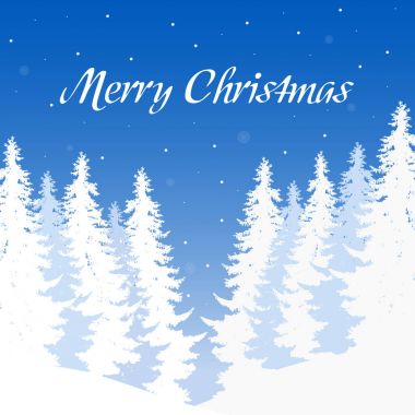 Vektör kış manzarası ile karlı ormanı ve ağaçların Merry Christmas yazıt ile mavi gökyüzü altında mavi kar altında