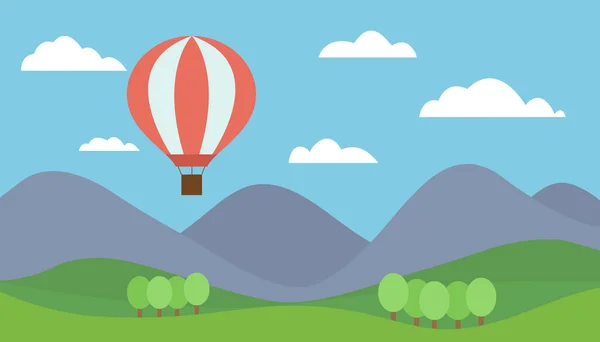 Paisaje de montaña vista de dibujos animados con un globo de aire caliente rojo volando en las colinas con árboles bajo un cielo azul con nubes vector — Vector de stock