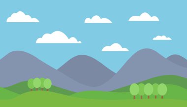 Dağ manzarası ile çayır ve ağaçların altında mavi gökyüzü bulutlu renkli vektör düz çizim karikatür