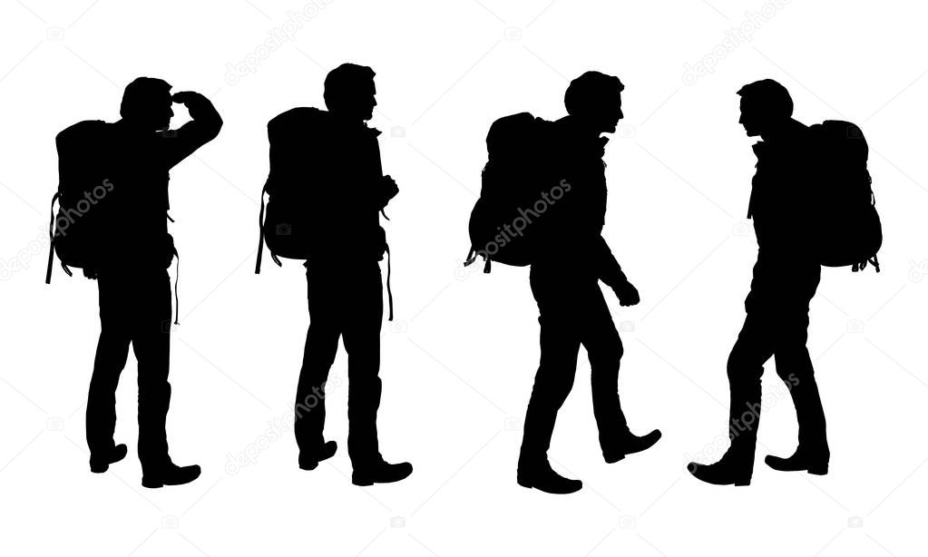 Set of realistic vector silhouettes of tourist men with backpack