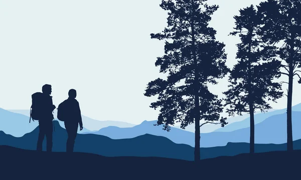 Ilustração vetorial de uma paisagem montanhosa com árvores e um povo sob um céu azul-cinza com espaço para texto — Vetor de Stock