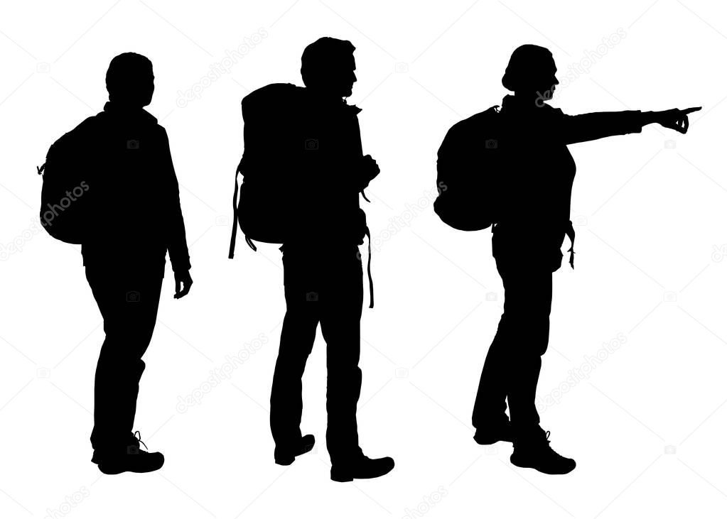 Set of realistic vector silhouettes of tourist man and woman with backpack isolated on white background