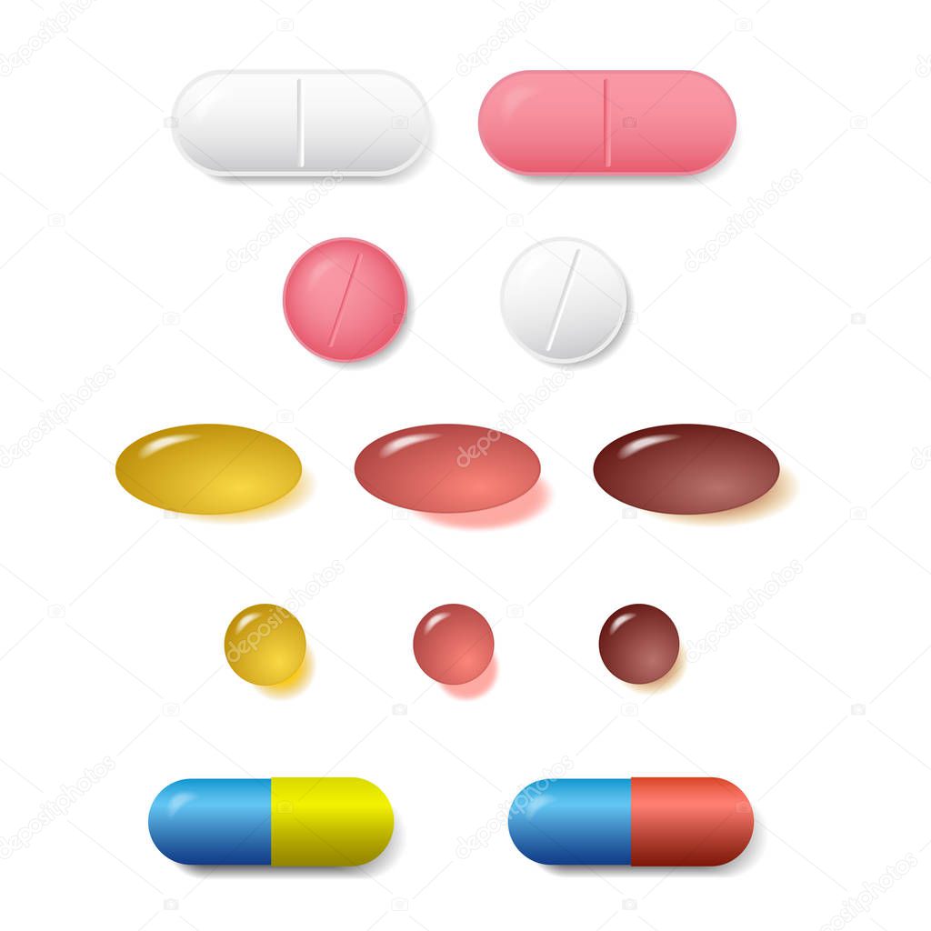 Set of various vector pills and tablets of different colors isolated on white background