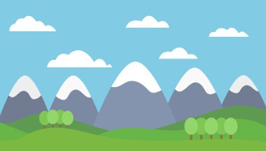 Kar altında mavi bir gökyüzü bulutlu - düz tasarım vektör çizim bir dağ manzarası ile ağaçlar ve dağ zirveleri çim kaplı