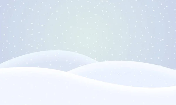 Vektor flaches Design Illustration einer verschneiten Winterlandschaft mit Hügeln und Schneeflocken an einem Wintertag unter grauem Himmel - geeignet für den Weihnachtsgruß — Stockvektor