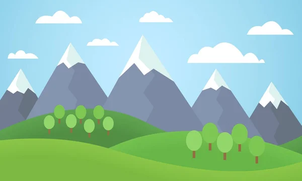 Ilustración vectorial de un paisaje montañoso con árboles y hierba con picos montañosos cubiertos de nieve bajo un cielo azul con nubes - diseño plano — Archivo Imágenes Vectoriales