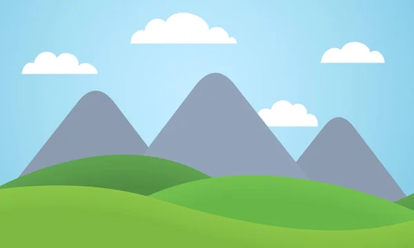 Kreskówka wektor kolorowy płaski ilustracja krajobraz górski z łąka pod błękitne niebo z chmurami — Wektor stockowy