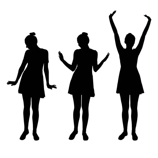 Ensemble de silhouettes vectorielles réalistes posant des jeunes femmes en robe isolée sur fond blanc — Image vectorielle