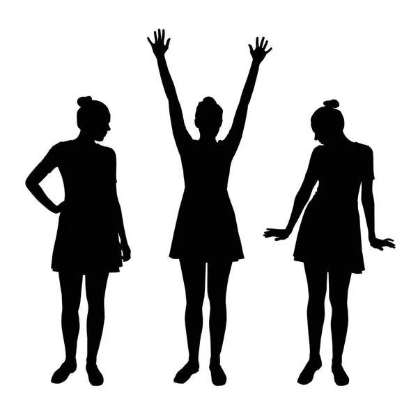 Conjunto de siluetas realistas vectoriales posando mujeres jóvenes en vestido aislado sobre fondo blanco — Vector de stock