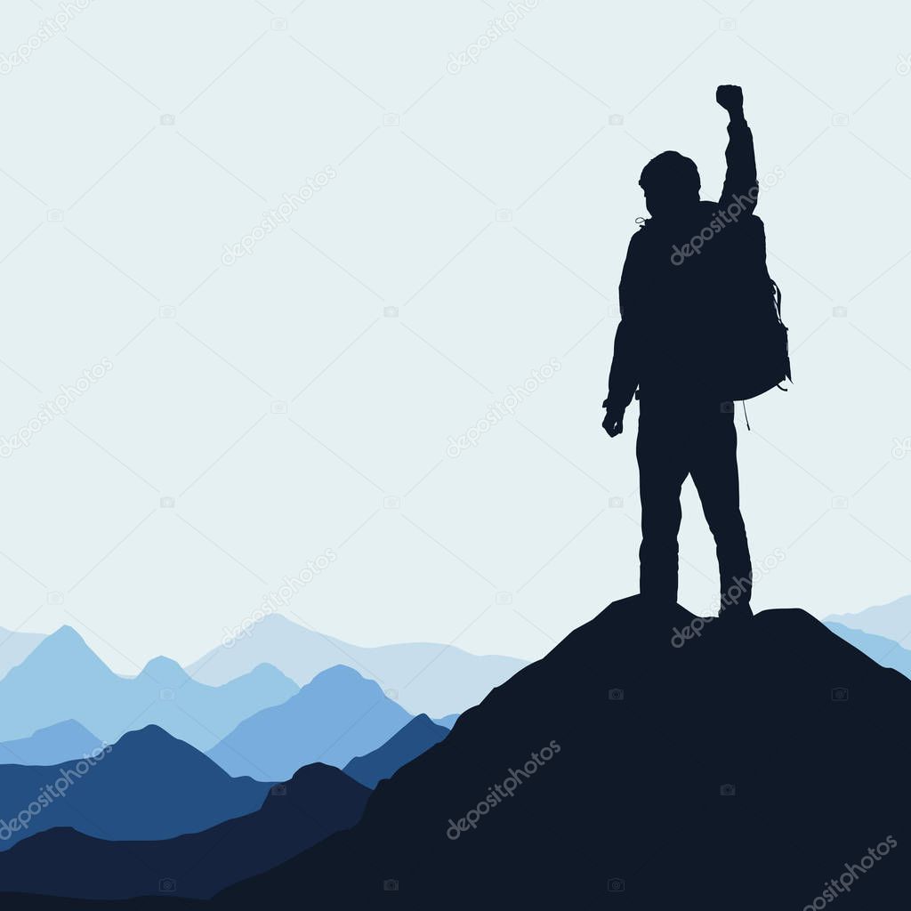Vector illustration of a mountain landscape with a realistic silhouette of a climber at the top of a rock with a winning gesture under a blue sky