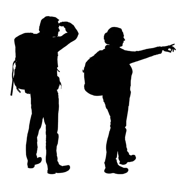 Realistic vector silhouettes of men and women with backpacks on back showing hand and looking away, isolated on white background — Stock Vector