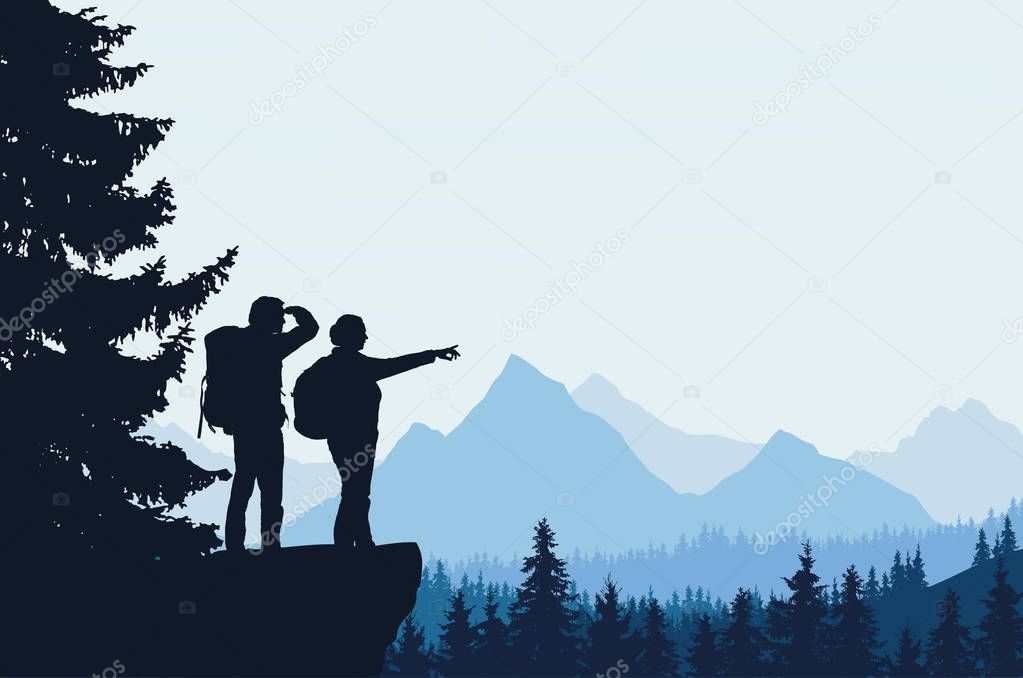 Vector illustration of a mountain landscape with a forest and two tourists, man and woman with backpacks showing his hand and looking into the distance under a blue sky