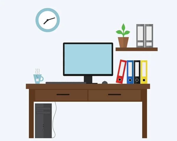 Illustrazione vettoriale di ufficio blu con computer sotto scrivania, cartelle e scatole di documenti e una tazza di tè caldo — Vettoriale Stock