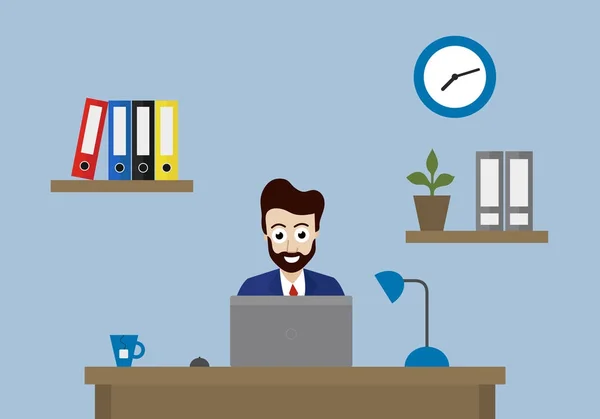Ilustración vectorial de oficina con reloj, carpetas y flores en estante y gerente sentado en el escritorio con computadora portátil, ratón, té y lámpara — Archivo Imágenes Vectoriales