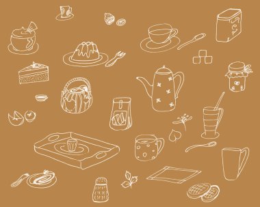 Kahvaltı malzemeler ve aperatifler, izole kahverengi bir arka plan üzerinde çizilmiş vektör duvar kağıdı