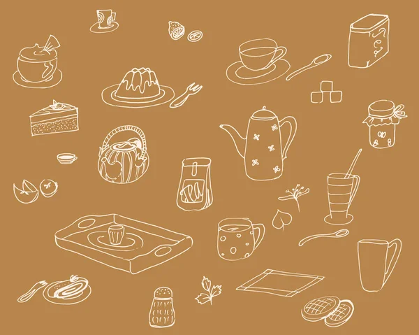 Handgezeichnete Vektor-Tapete mit Frühstückszutaten und Snacks, isoliert auf braunem Hintergrund — Stockvektor