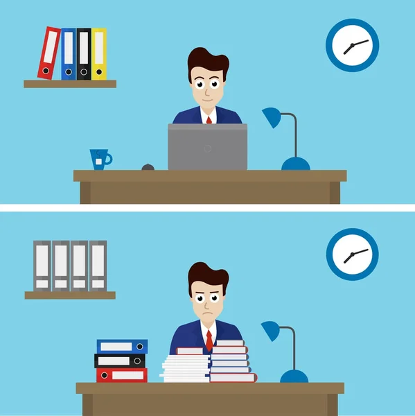 Εικονογράφηση διάνυσμα των δύο υπάλληλοι γραφείου σε ένα γραφείο με διαφορετικό έργο - επίπεδη σχεδίαση — Διανυσματικό Αρχείο