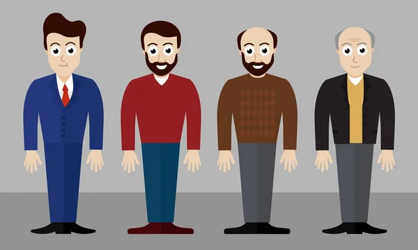 Vektor-Illustrationen von vier Männern unterschiedlichen Alters und in unterschiedlichen Kleidern und Frisuren - flaches Design — Stockvektor