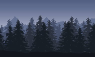 Bir yatay, orman ve dağlar bir gri gece gökyüzü altında arka planda vektör çizim