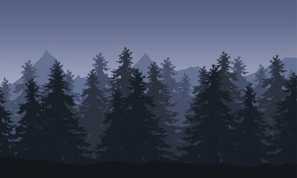 Ilustração vetorial de uma paisagem com floresta e montanhas no fundo sob um céu noturno cinza — Vetor de Stock