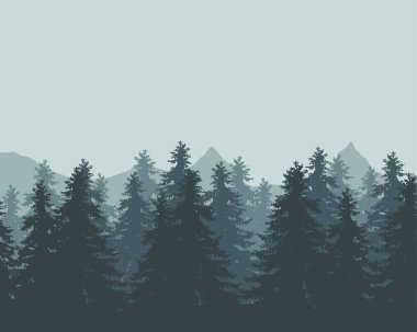 Bir yatay, orman ve dağlar yeşil gökyüzü altında arka planda sis ile vektör çizimi