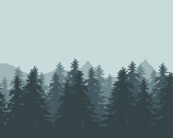 Vector illustration of a landscape with forest and mountains with fog in the background under a green sky