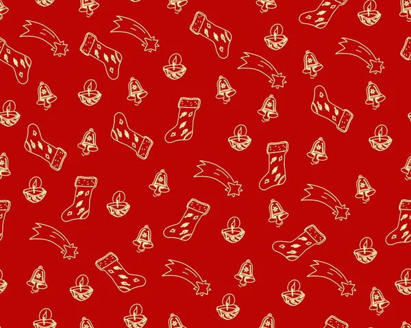 Dibujado a mano vector temas de Navidad garabatos, aislado sobre fondo rojo - patrón sin costuras — Archivo Imágenes Vectoriales