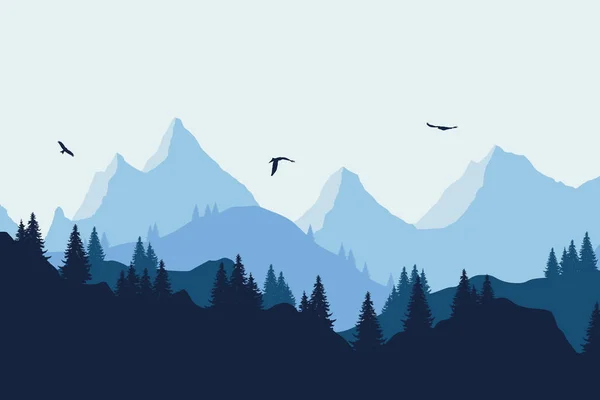 Ilustração vetorial de uma paisagem montanhosa com uma floresta e pássaros voadores sob um céu azul-cinzento — Vetor de Stock