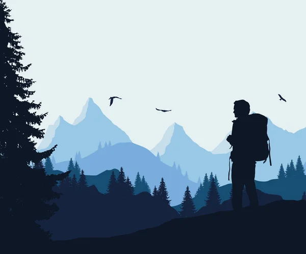 Vektor-Illustration einer Berglandschaft mit Wald und fliegenden Vögeln und einem Touristen unter blaugrauem Himmel — Stockvektor