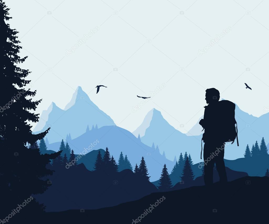 Vector illustration of a mountain landscape with a forest and flying birds and a tourist under a blue-gray sky