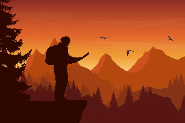 Illustrazione vettoriale di un paesaggio montano con una foresta e uccelli volanti e un turista che tiene una mappa, sotto un cielo arancione — Vettoriale Stock