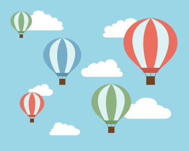 Düz renkli uçan sıcak hava illüstrasyon mavi gökyüzü beyaz bulutlar ile balonlar tasarımı - vektör