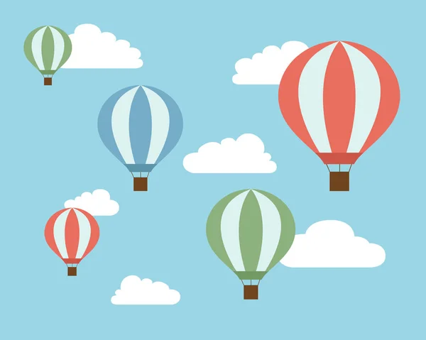 Ilustración de diseño plano de globos de aire caliente voladores de colores en el cielo azul con nubes blancas - vector — Archivo Imágenes Vectoriales
