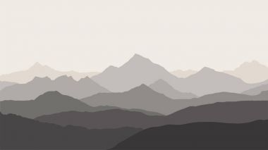 Panoramik dağ manzarası ile sis alpenglow gri gökyüzü ile-Vadisi'nde, vektör