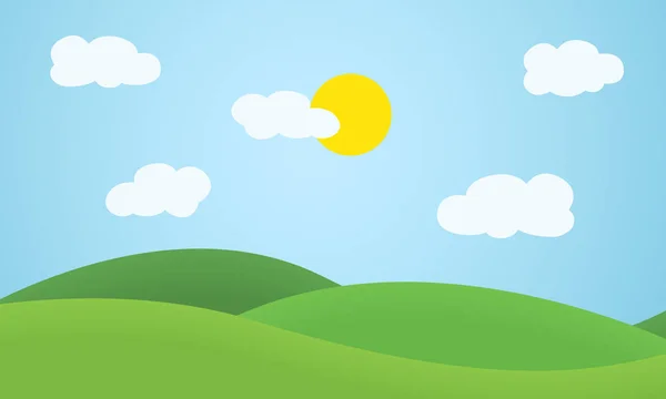 Diseño plano paisaje de hierba con colinas, nubes y sol brillante bajo el cielo azul - vector — Vector de stock