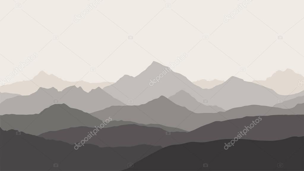 panoramic view of the mountain landscape with fog in the valley below with the alpenglow grey sky - vector
