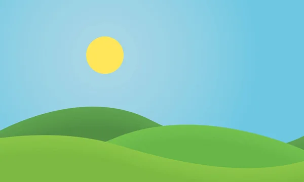 Diseño plano paisaje de hierba con colinas y sol brillante bajo el cielo azul - vector — Vector de stock