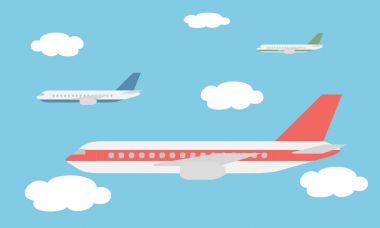 Büyük izlemek ve üç çizgi çizen mavi gökyüzünde bulutlar arasında uçan hızlı - vektör