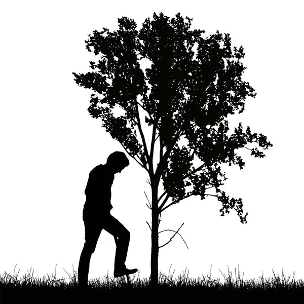 Silhueta realista de agricultor trabalhador com pá e árvore crescendo no gramado, isolado em fundo branco - vetor — Vetor de Stock