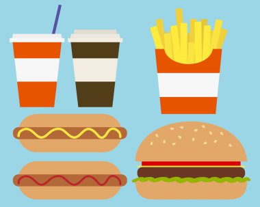 Bir fast food yemek yiyecek ve içecek, ile düz tasarlamak vektör arka plan üzerinde - izole