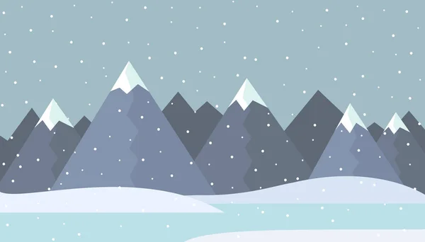 Ilustración de diseño plano de un paisaje de montaña de invierno con lago congelado y nieve - vector — Archivo Imágenes Vectoriales