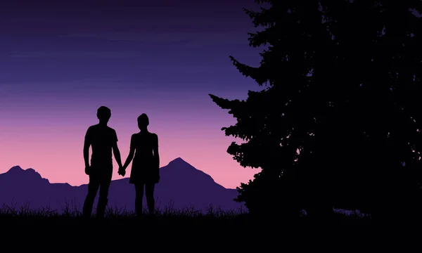 Realistische Darstellung der Silhouette eines geliebten Mannes und einer geliebten Frau bei einem romantischen Spaziergang durch eine Berglandschaft mit Bäumen unter blauem Himmel mit Sonnenaufgang - Vektor — Stockvektor