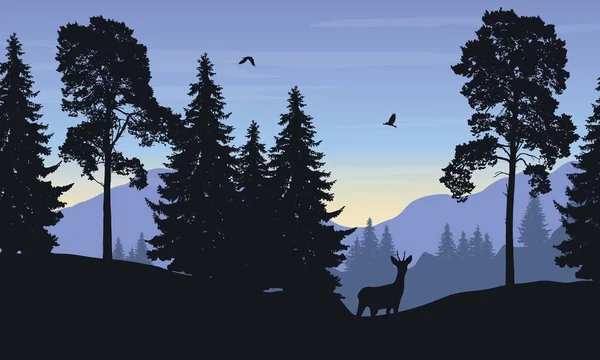 Realistické vektorové ilustrace horské krajiny s lesem, jelen a orel — Stockový vektor