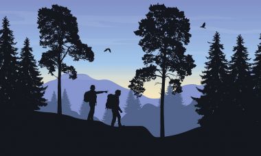 Bir dağ manzarası ile bir orman ve iki turist, erkek ve kadın mavi gökyüzü altında mesafe bakarak ve elini gösterilen sırt çantaları ile vektör çizim